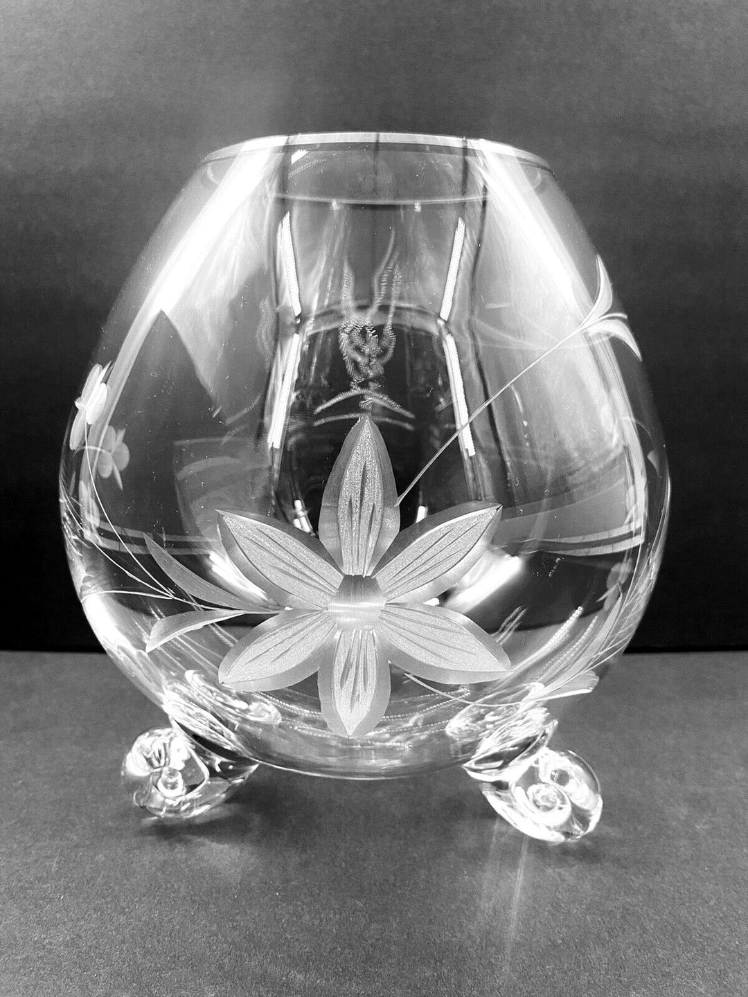 Vintage Clear Floral Etched Glass Round Vase Fish Bowl Silver Etsy