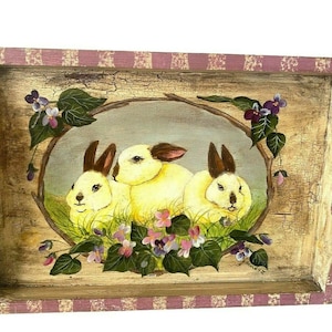 Vintage Bunny Rabbit Easter Tray | Hand Painted Wood Serving Vanity Tray | Artist Signed