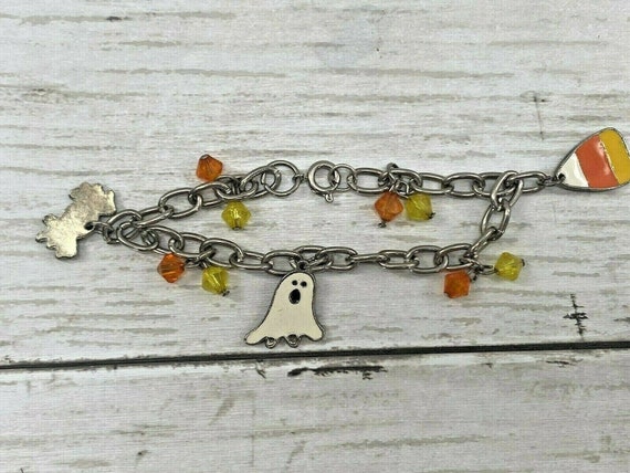 Vintage Halloween Bangle Charm Beaded Bracelet Me… - image 1