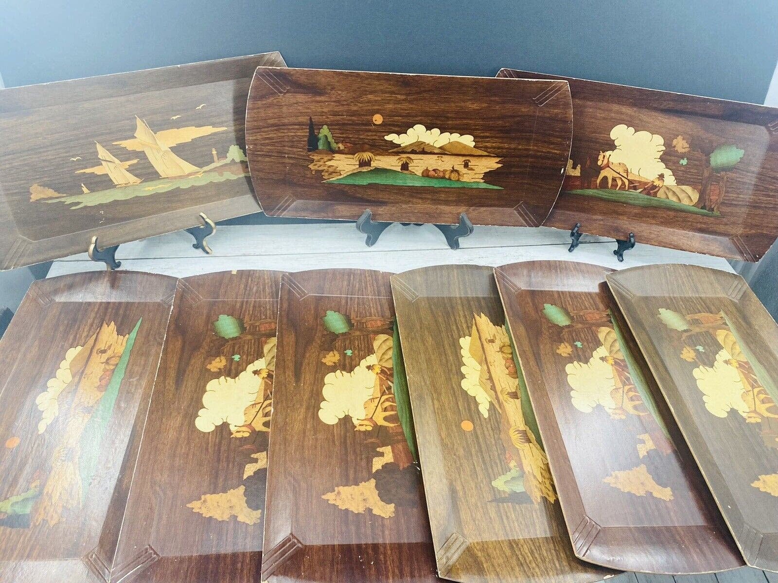 9 Vintage 1950's Hasko TV Trays Horse Plow Equestrian Boat Wood