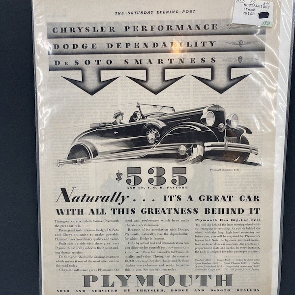 Vintage Plymouth Chrysler Dodge Desoto Performance Print Ad Saturday Eve Post