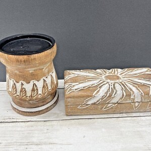 Vintage India Wood Hand Carved Jewelry Trinket Box & Candleholder SET Of 2