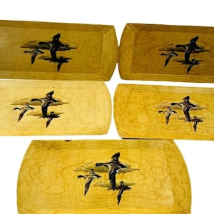 Vintage HASKO Flying Mallard Ducks Lithographed Wood Trays Display Lot of (5)