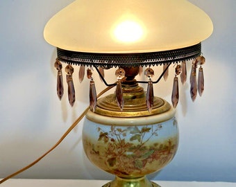 Antique 19" GWTW Hurricane Converted Brass Oil Lamp W/Prisms Porcelain Glass