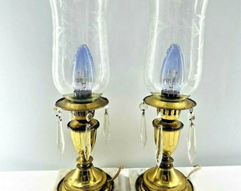 2 Hollywood Regency MCM Hurricane Candle Lamps Marble Brass w Glass Prisms 16"