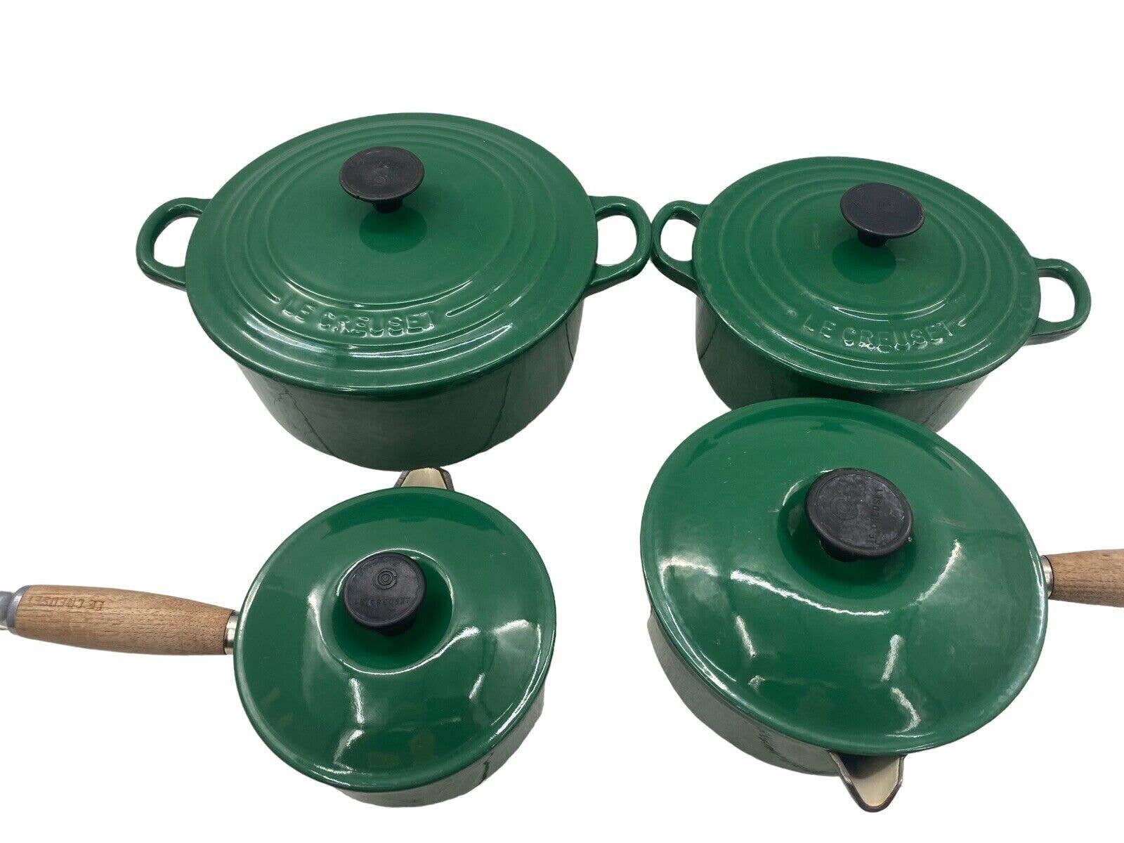 Le Creuset Vintage EMERALD GREEN SET 4 Pot Pan Dutch Oven Wood