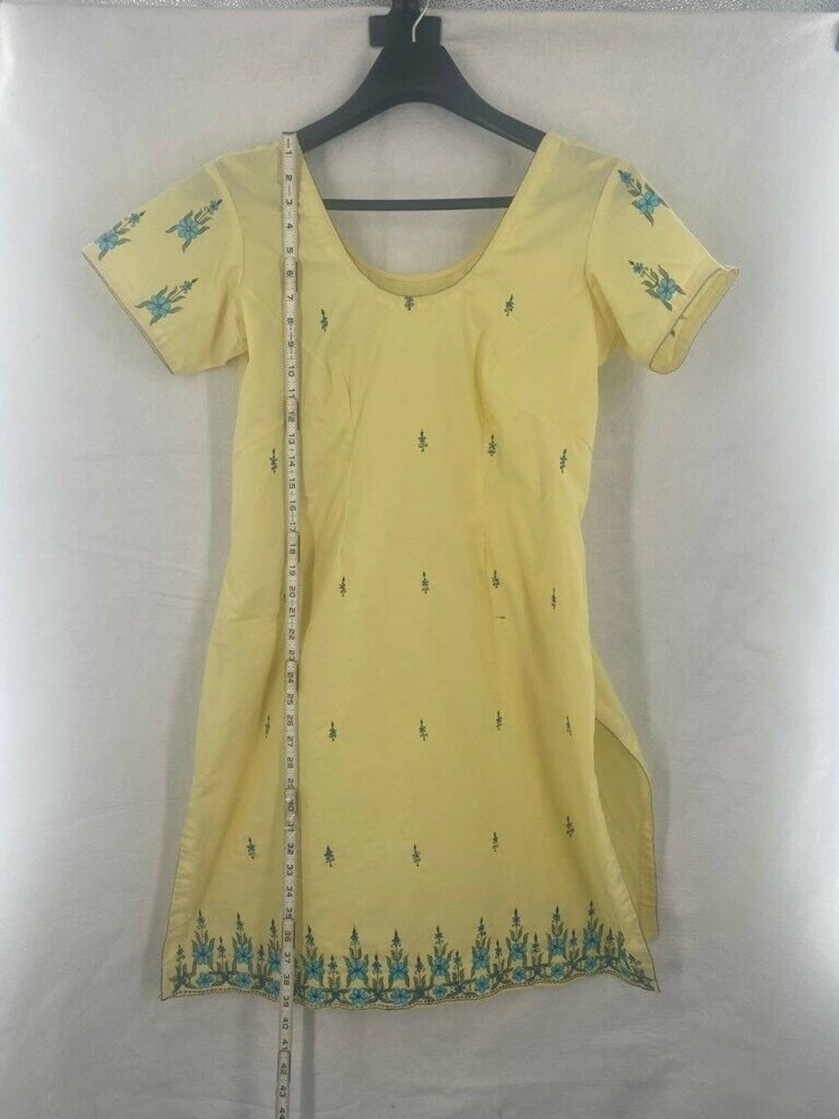 Womens Tunic Top Yellow Blue Floral Embroidered Short Sleeve Scoop