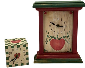 2 Vintage Wooden APPLE Clocks Country Farmhouse Mantle Tabletop Cube Set of 2