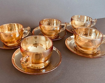 Vintage Jeanette Marigold Carnival Glass Iridescent Camellia 5 Teacups/Saucers