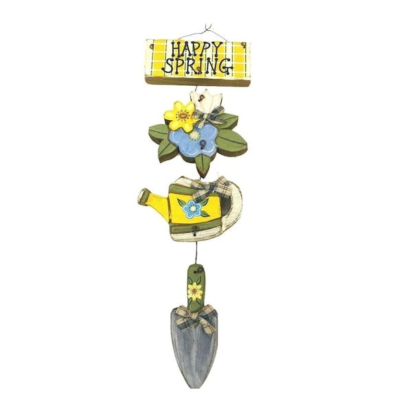 Spring Gardening Wall Hanging Watering Can Flowers Spade Wood Wire Sign