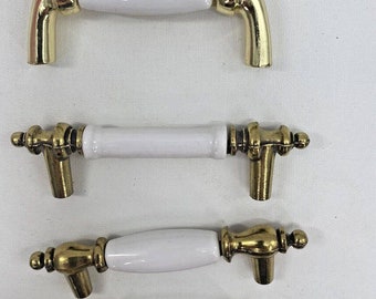 Vintage Lot of 4 White Porcelain/Brass/Gold Cabinet Knobs Drawer Pulls Handles