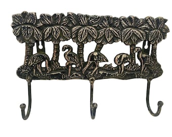 FLAMINIGOS Wall Hanging Coat Hat Key Rack w 3 Hooks Vintage Heavy Cast Metal