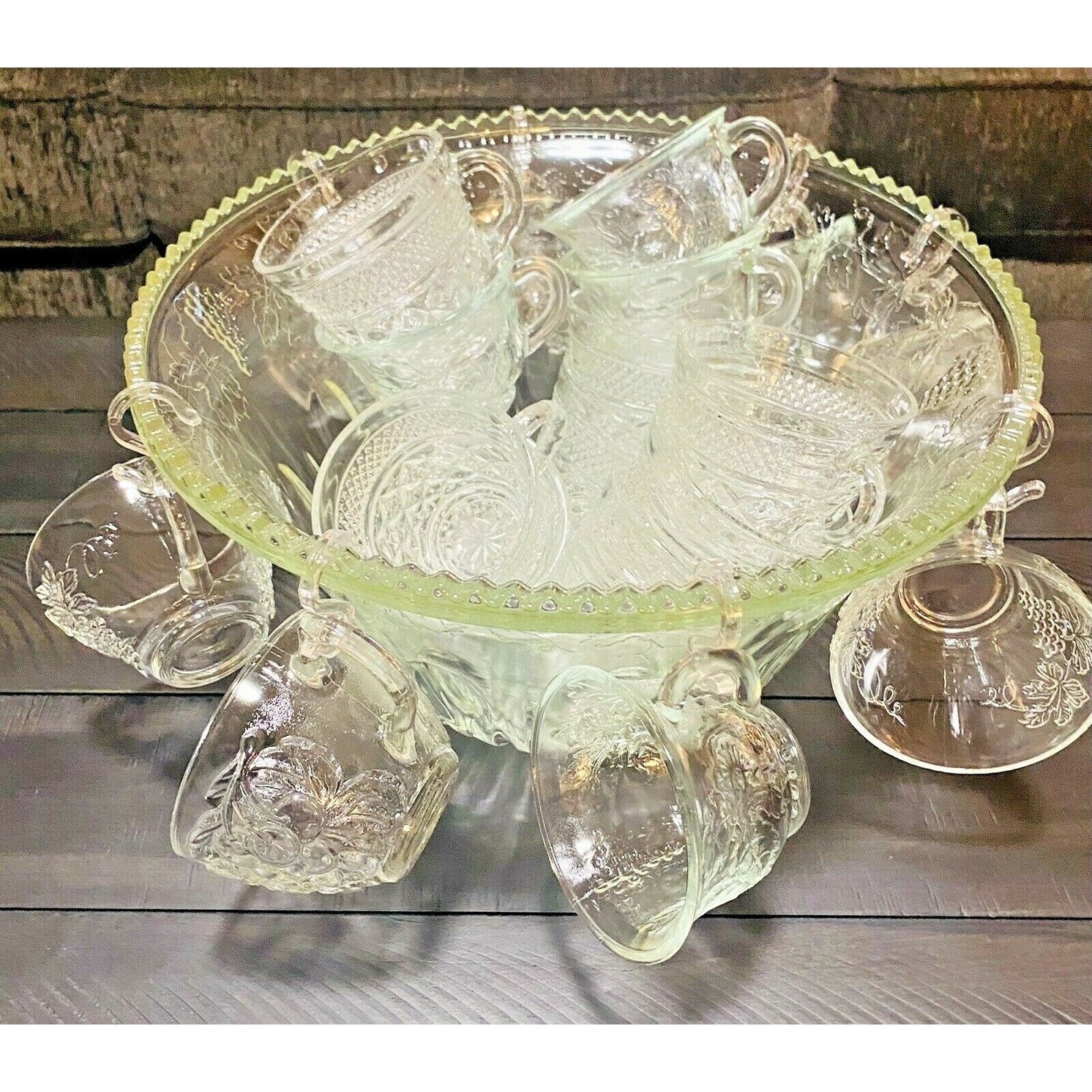 Beautiful Vintage Pressed Glass GrapeVine Punch Bowl 20 piece Etsy