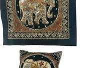 Vintage Thai Burmese Kalaga ELEPHANT Sequined Tapestry Wall Hanging Pillow SET