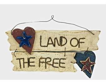 Land Of The Free USA Heart Star Patriotic Hanging Wood Sign 12" x 6.5"