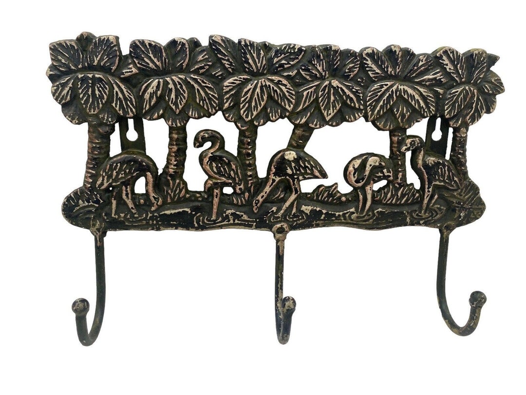 Vintage Heavy Cast Metal FLAMINIGOS Wall Hanging Coat Hat Key Rack W 3