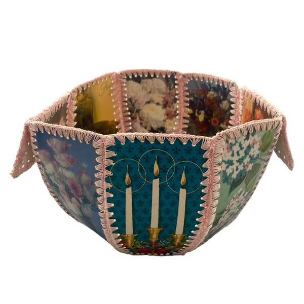 Vintage Greeting Card Basket Bowl HANDCRAFTED CROCHETED STITCHED Floral Holiday