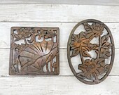 2 Vintage Copper and Cast Iron Floral Trivet Hot Dish Holders SET OF 2