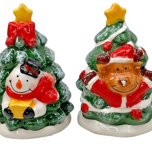 Árvore de Natal Boneco de neve e rena Saleiro e pimenteiro Conjunto Decoração de Natal Vtg
