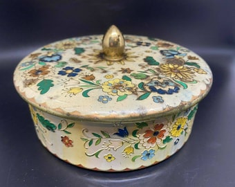 Vintage Holland Tin Lidded Container Multi-Color Floral Trinket Jewelry Holder