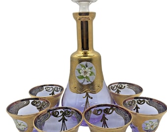 Vintage MCM Lavender Purple Gilded Bohemia Decanter Set W/ 6 Glasses