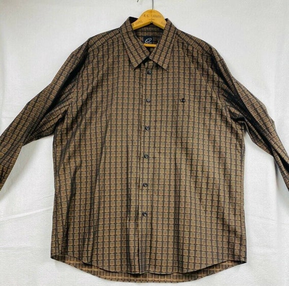 Cotton Reel Mens Button Front Shirt Brown Gray Geometric Long