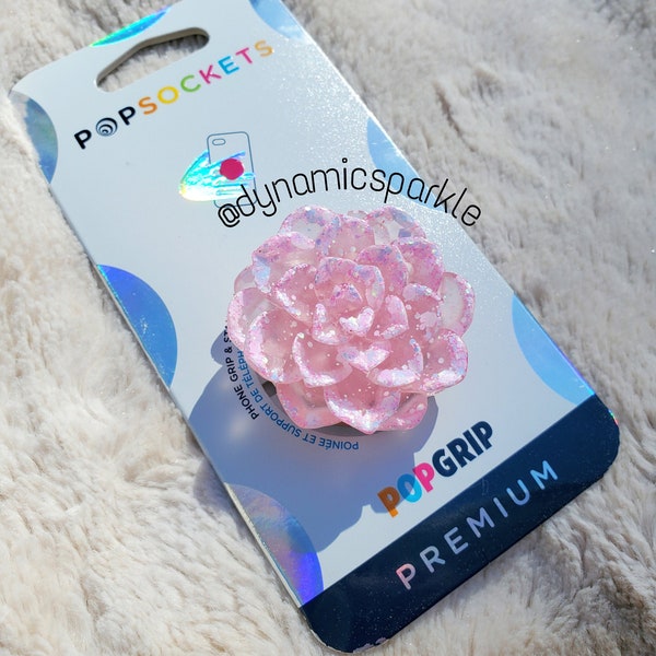 Custom pink succulent flower inspired popsocket phone grip stand