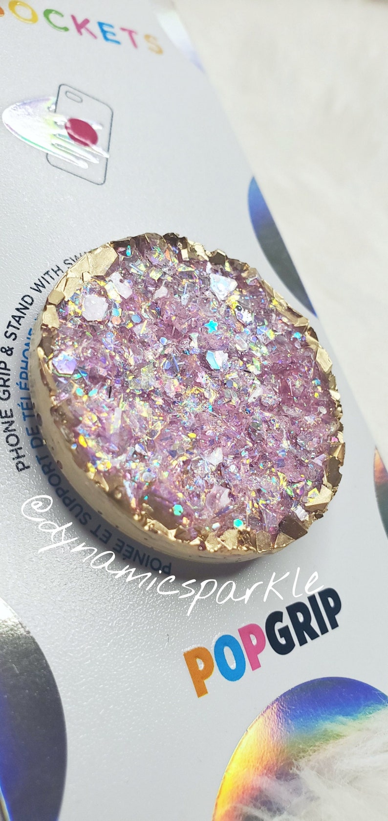 Rainbow pink Gemstone Druzzy Holographic Agate Geode Inspired Popsocket 