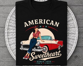 Vintage 1950s Pinup Girl Car Shirt Retro Americana Sweetheart Rockabilly Classic Car Women Tee