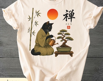 Zen Cat Bonsai Shirt, Black Cat Japanese Garden Tee, Comfort Colors