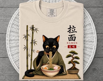 Comfort Colors Black Cat Ramen Shirt, Japanese Bonsai Kitten Tee