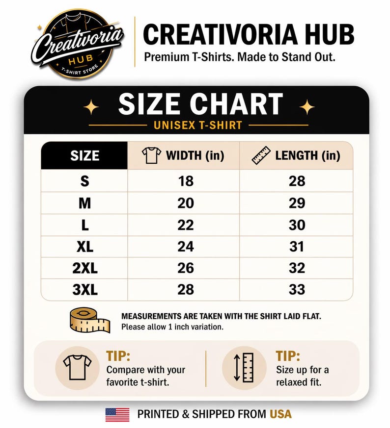 May include: A size chart for unisex t-shirts, with measurements in inches. The chart includes sizes S to 3XL, with corresponding width and length dimensions. The text "Creativoria Hub" and "Premium T-Shirts. Made to Stand Out." are also visible.