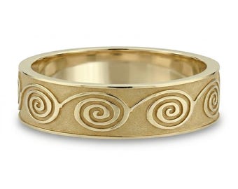 Spiral Pattern Ring 6mm, Handcrafted Wedding Band, Swirl Design Statement Ring in 14K Gold