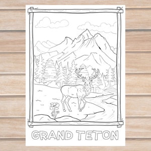 Grand Teton Malseite für Erwachsene und Kinder, Nationalpark Malseite, Landschaft Kunst, Ausmalbilder, PDF