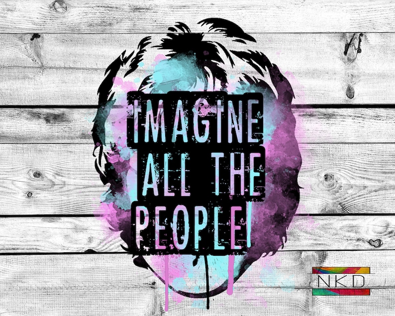 May include: A black and white silhouette of a person's head with a blue and pink watercolor background. The text "Imagine All The People" is written in black letters on the silhouette.