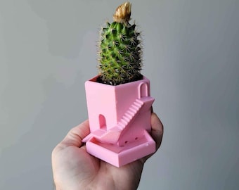 May include: A small green cactus with a flower bud is planted in a pink, architectural-style planter. The planter has a square base, arched doorway, and a staircase design. The planter is held in a hand against a gray background.