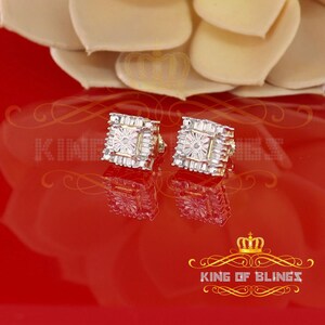 King Of Bling's 0.10ct Diamond 925 Yellow Silver Hip Hop Square Earrings For Women's & Men's