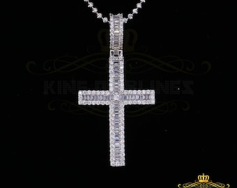 King Of Bling&#39;s White 925 Sterling Silver Baguette CROSS Shape Pendant 3.22ct Cubic Zirconia