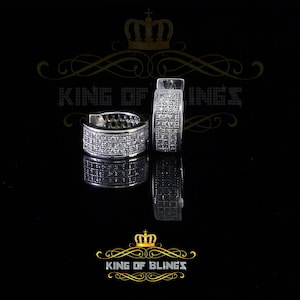 Mens hip hop white Gold 925 Sterling Silver Iced 3 row Huggie Hoop earrings