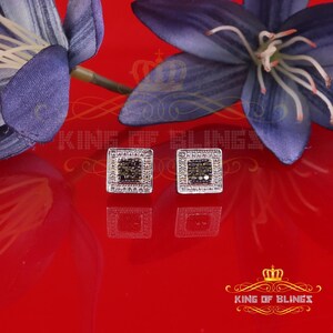 King Of Bling's 3D Square Earring 925 Sterling White Silver 0.25ct Round Genuine Black Diamond