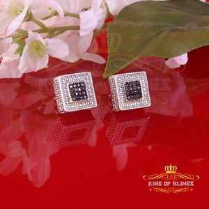 King Of Bling's 0.33ct Round Genuine Black Diamond 3D Square Earring 925 Sterling White Silver