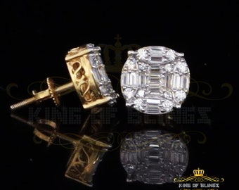 Men's Hip Hop Iced Baguette Cluster Yellow Sterling Silver Heart Stud Earrings