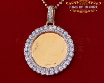 King Of Blings Sterling Silver 1.50" Picture Round Yellow Pendant Round 9.14ct Cubic Zirconia