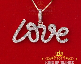 King OF Bling's Real 0.50ct Diamond Sterling Silver LOVE CURSIVE Charm Necklace Yellow Pendant