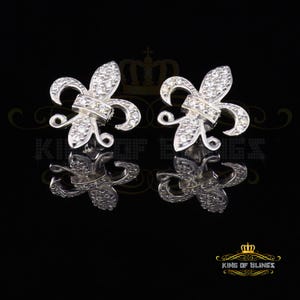 King of Bling&#39;s 925 White Silver Women&#39;s Fleur de Lis Screw Back 0.36ct Cubic Zirconia Earrings