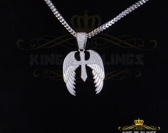 King Of Bling's White Silver Small 1.50ct Cubic Zirconia 925 Sterling Pendant Cross Angel Wing