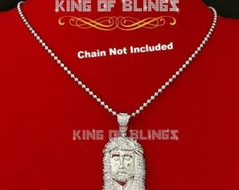 King Of Bling's White 925 Sterling Silver Jesus Face Shape Pendant with Cubic Zirconia