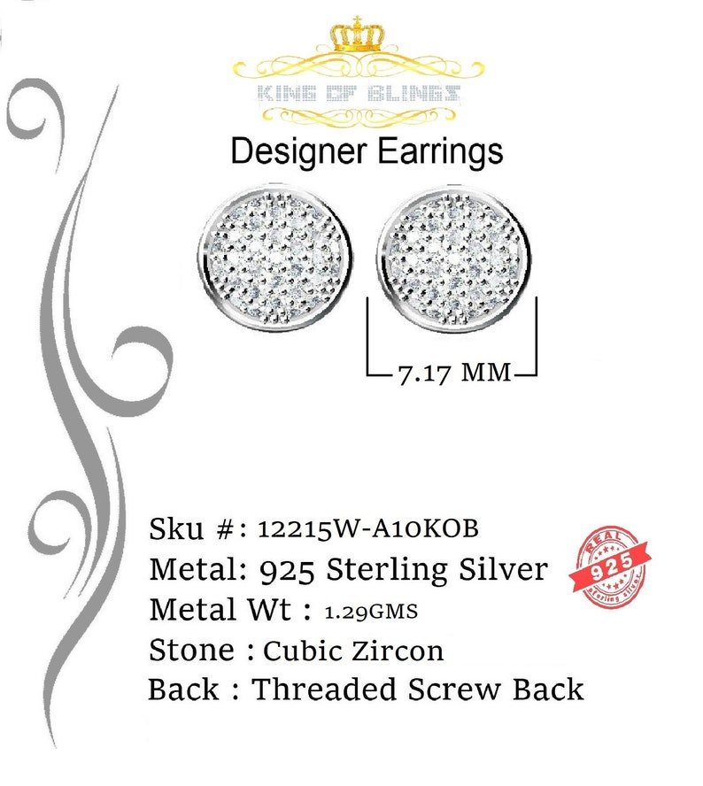 King of Bling's White 0.62ct Sterling Silver 925 Cubic Zirconia Women's Hip Hop Round Earrings image 4
