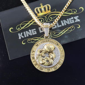 King Of Blings 2.23ct Cubic Zirconia Sterling Yellow Silver AQUARIUS Pendant For Men & Women