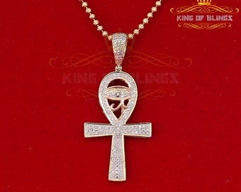 King OF Bling's Real 0.33ct Diamond 925 Sterling Silver AnkhCharm Necklace Yellow Pendant